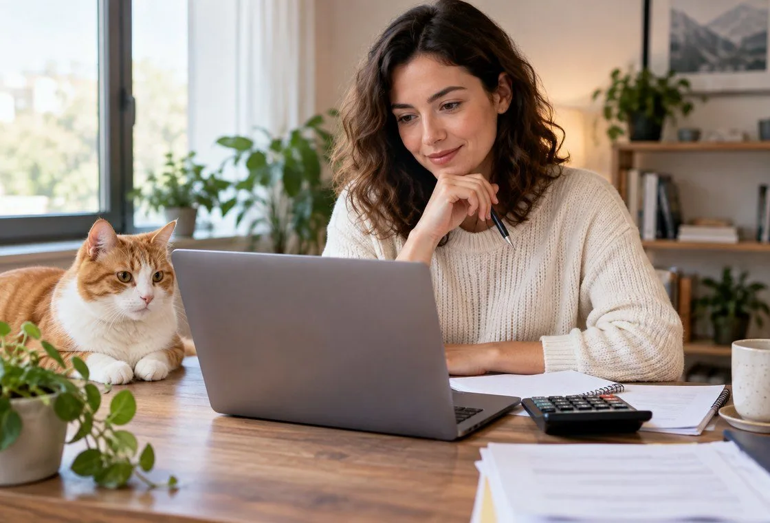 Owner reading a laptop beside a cat at a table